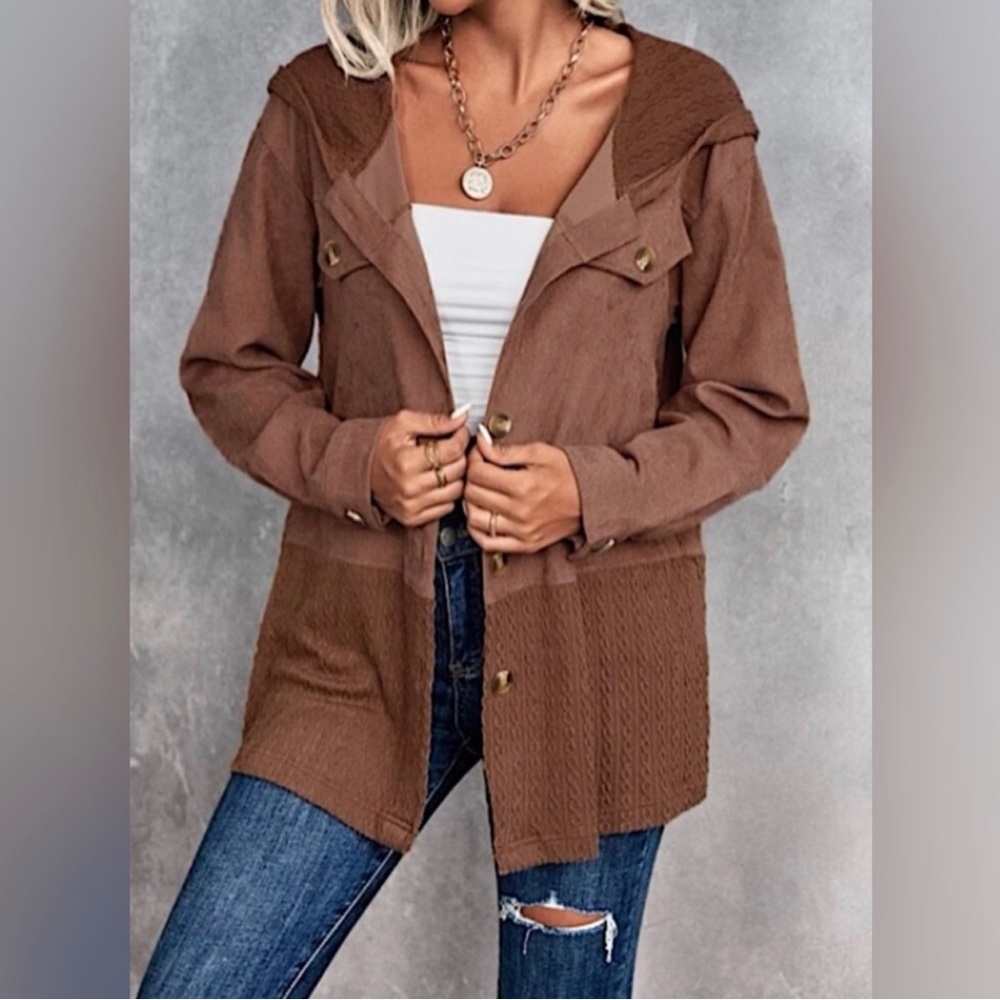 🥳HP 11/28/22🎉Hooded Long Sleeve Button Front Corduroy Jacket Color: Brown - Picture 4 of 6